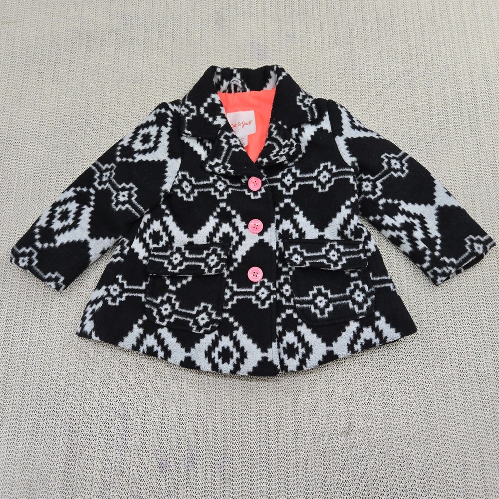Cat & Jack Pea Coat Jacket Girls 12M Black White Fleece Vintage Y2K